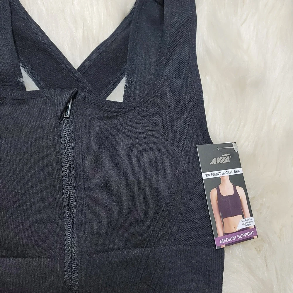 NWT Avia Sports Bra Sz S Womens Zip Front Black Moisture Wicking Athleisure